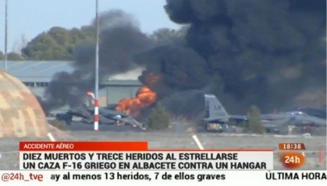 Caccia F-16 greco caduto ad Albacete in Spagna. Grave il bilancio: dieci morti e tredici feriti