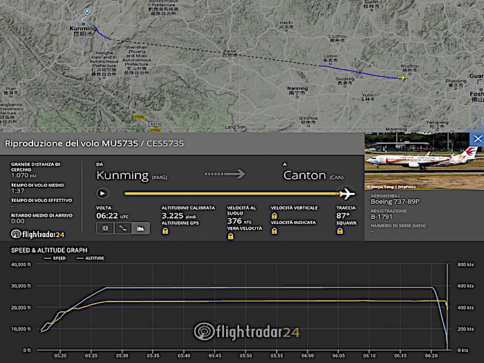 Precipita un Boeing 737-89P della China Eastern Airlines nel Sud del Paese. Grave avaria o gesto intenzionale dei piloti?