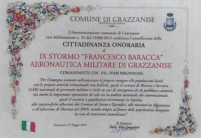 La pergamena del conferimento della cittadinanza onoraria